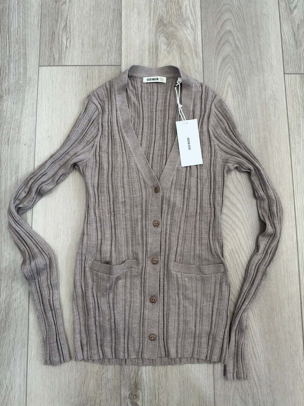 Buck Mason Fawn Featherweight Silk Cashmere Ribbed V Neck Cardigan Luxury NWT S
